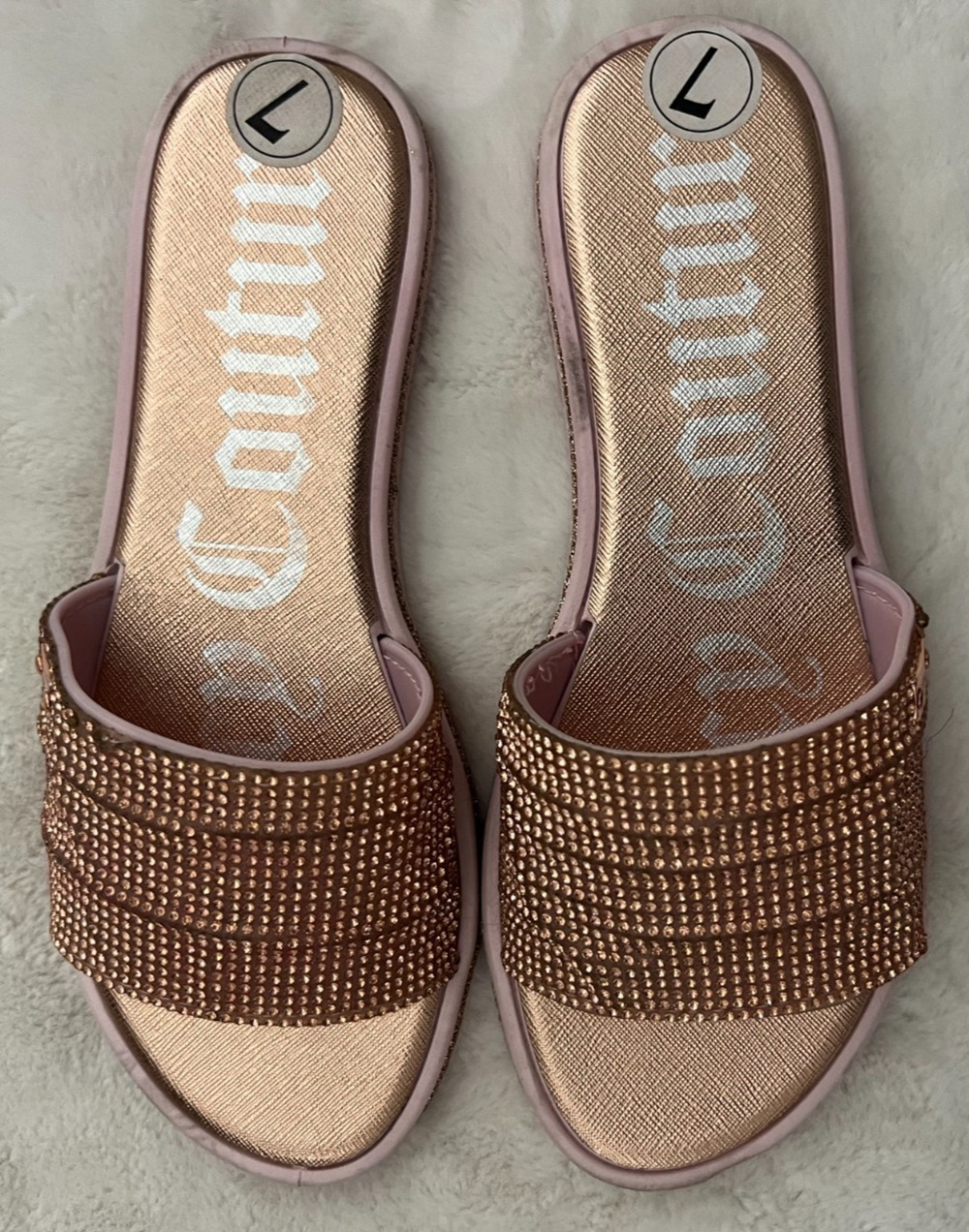 Juicy Couture Womens Size 7 Rose Gold Rhinestone Slide Sandals Slip On